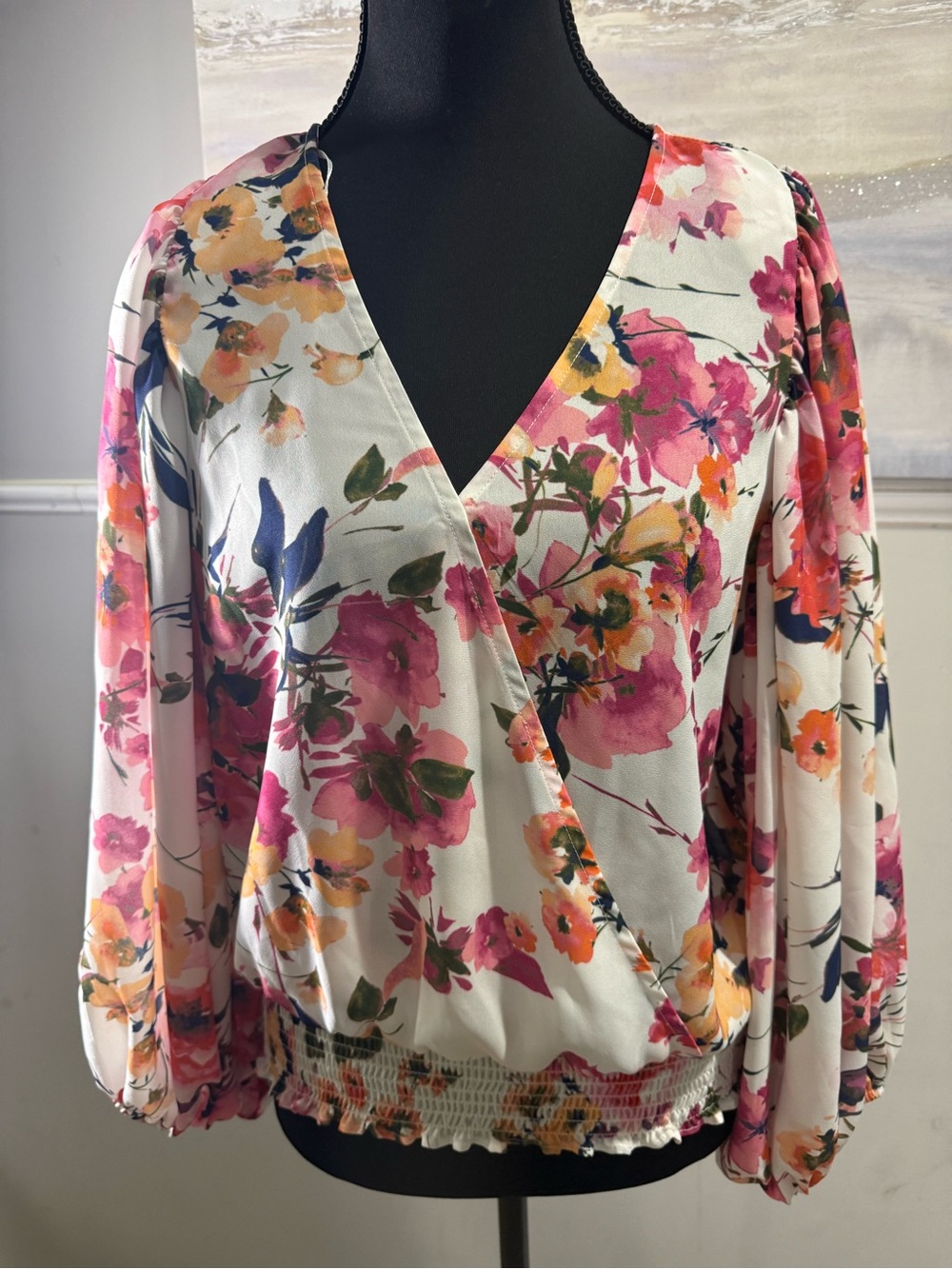 CeCe Floral Wrap Blouse - White with Pink & Orange Blooms